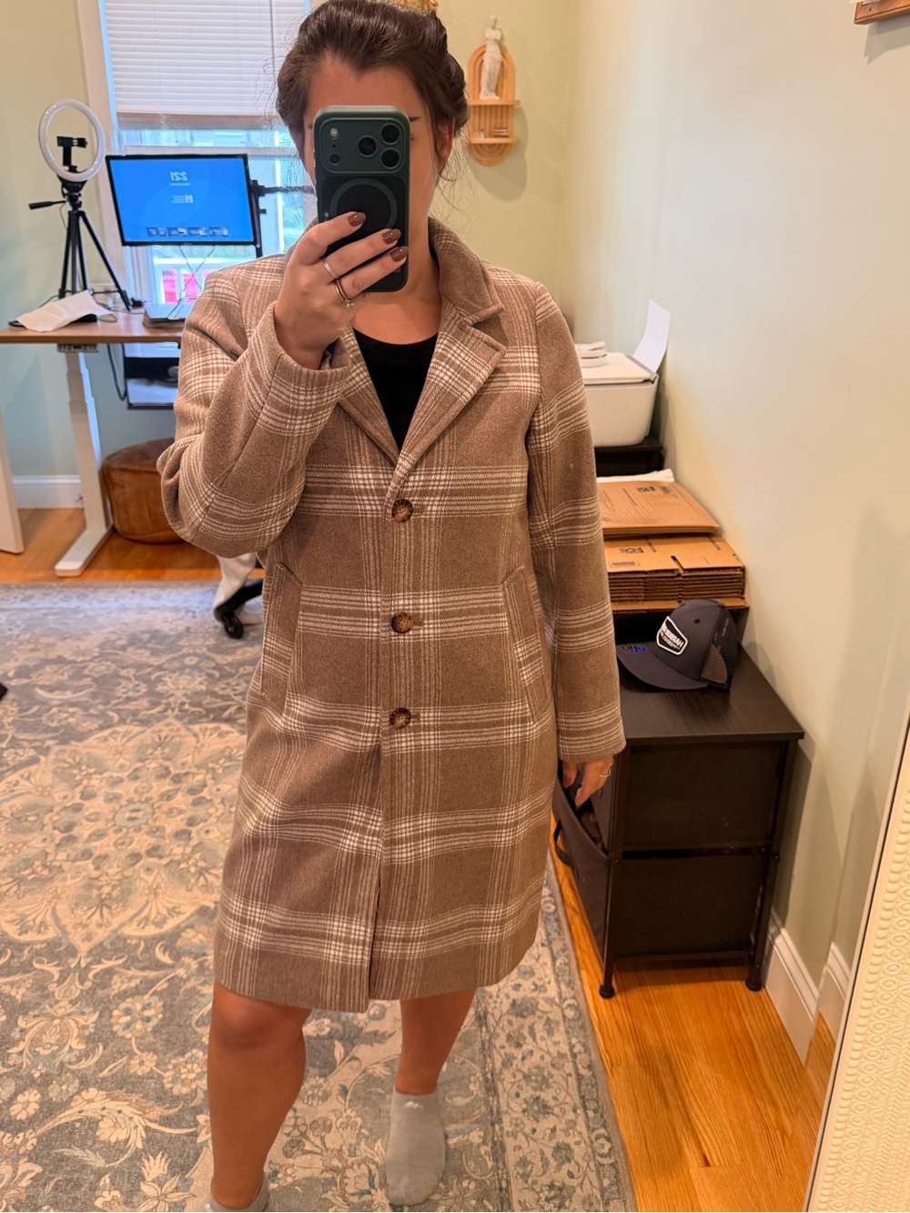 Abercrombie & Fitch Taupe Plaid Single-Breasted Pea Coat
